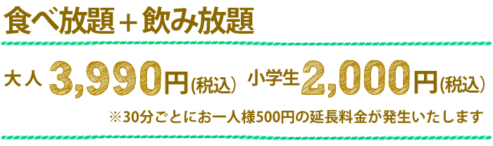 飲み放題 大人3,900円(税込) 小学生2,000円(税込) ※※30分ごとにお一人様500円の延長料金が発生いたします